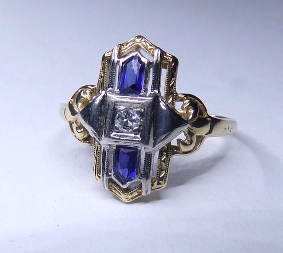 Diamond and Sapphire, 14k Gold Ring, Size 6, Art Deco Design