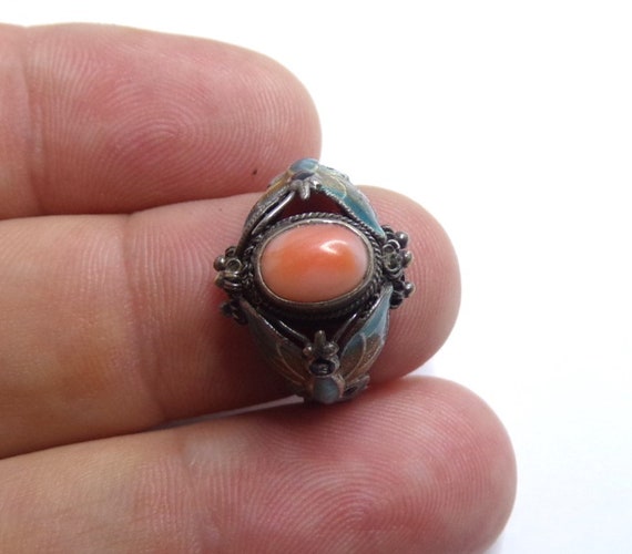 Vintage Sterling Silver Coral, Enamel Chinese Rin… - image 8