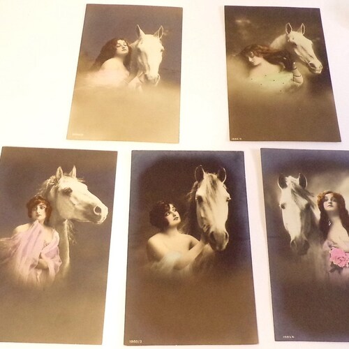 Antique Hand Color Tinted Postcard set of 5, Nouveau Lady with her Horse, Printed in Germany. sale DanPicked