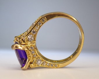 10k Gold, Tanzanite & CZ Statement Ring. Size 8 1/4. Ornate side gems. DanPicked