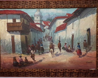 Original Oil Painting by listed artist Roger Vejarano. Peru Street Scene. Hand Carved Frame. 14.75 x 23.5". DanPicked