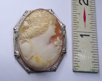 Antique, Carved Shell Cameo & 14k White Gold Brooch Pin