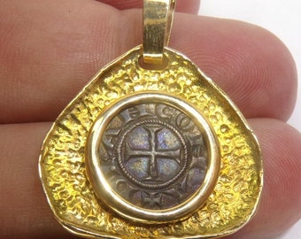 14k Gold Ancient Italian Silver Coin Pendant: 13th Century Crusader Coin