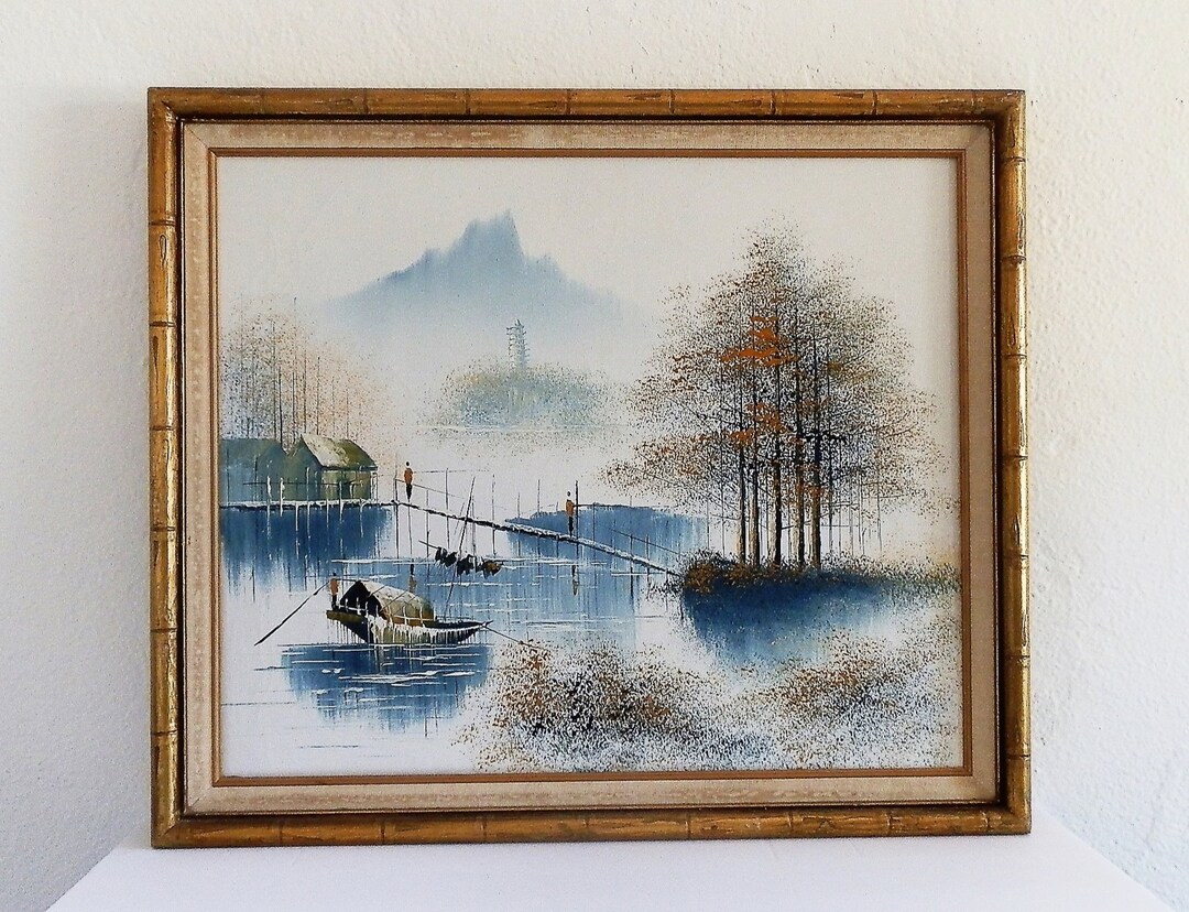 Original Oil Painting. Asian Seascape Framed 1984. Stretched Etsy