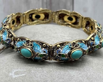 Filigree Sterling Silver, Turquoise & Enamel, Chinese Panel Bracelet, Vermeil, 7.25" Safety Chain.