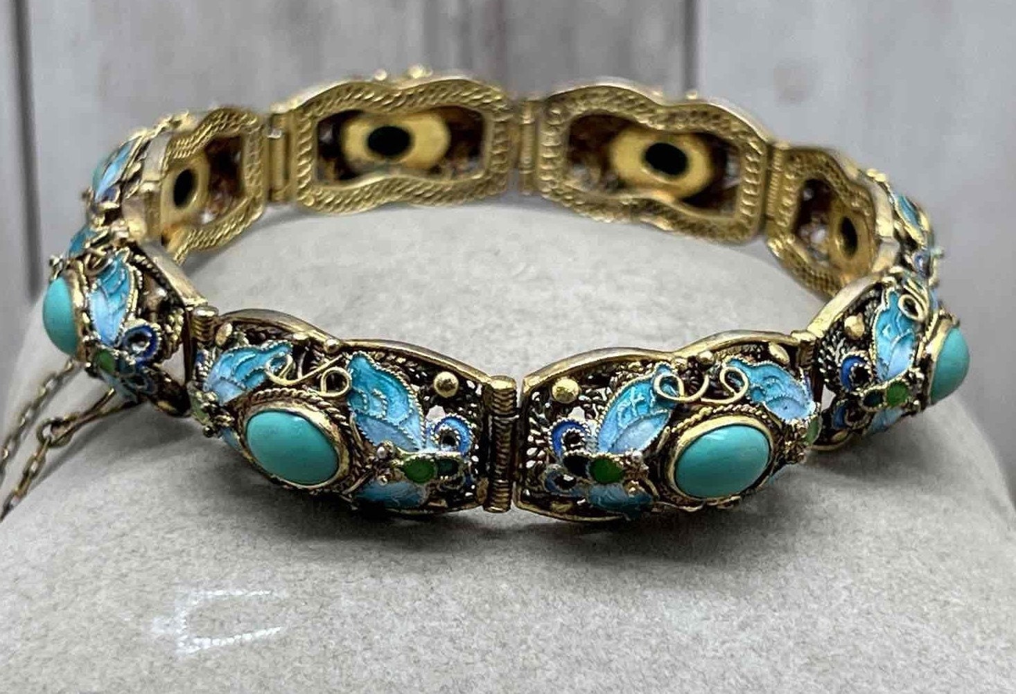 Filigree Sterling Silver, Turquoise & Enamel, Chinese Panel