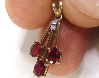 Ruby, Diamond & 14k Gold Pendant for a Necklace. 3 Natural Rubies