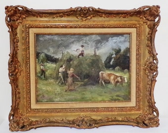 Antique French Impressionist Oil Painting on Canvas. Victorian Frame. Harvest Design. Unsigned, Original. 12 x 16. DanPicked,