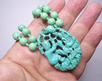 Carved Asian Turquoise Pendant Bead Choker Necklace. Old Chinese Pierced Turquoise