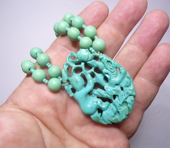 Carved Asian Turquoise Pendant Bead Choker Necklace. Old Chinese Pierced Turquoise