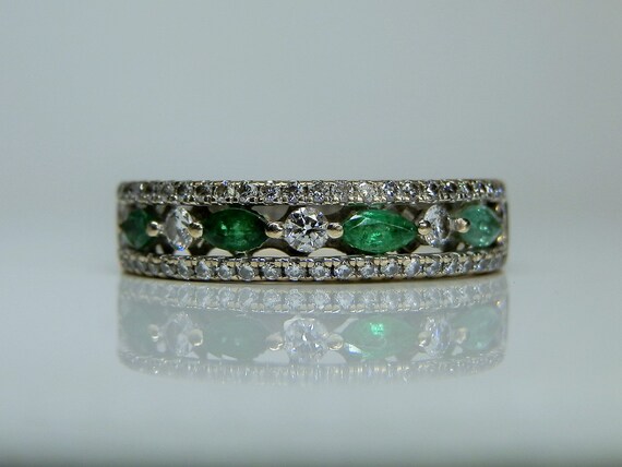 Carnation Designs, Diamond and Emerald, 18k Gold Engagement Band Ring, Size 6 1/2 View 2