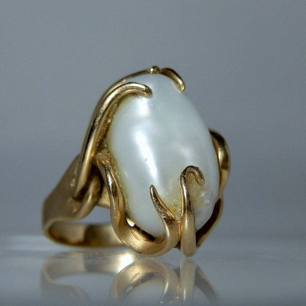 Vintage Baroque Freshwater Pearl 14k Yellow Gold Ring Size 6 Large Pearl Artisan Design Gift Quality Jewelry DanPickedMinerals