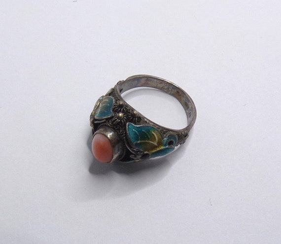Vintage Sterling Silver Coral, Enamel Chinese Rin… - image 2
