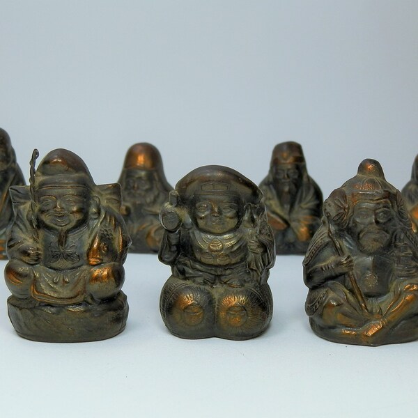 Rare Bronze Figures. Beloved 7 Chinese Immortals Figurine. Numbered set. Made in Occupied Japan. Onate, complete set of seven. Deep Patina.