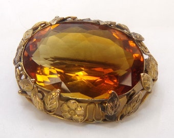 14k Gold Antique Madeira Citrine Brooch Pin. 20ct. Oval cut Gemstone