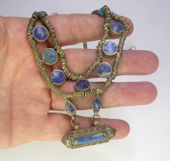 Arabian Necklace, Silver Filigree with real Lapis… - image 1
