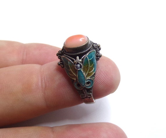 Vintage Sterling Silver Coral, Enamel Chinese Rin… - image 3