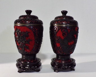 Chinese Cinnabar Red and Black Lacquered Pair of Jars with Lids. Enamel & Brass Accents. Stands. 6" tall, Matched Pair. DanPicked