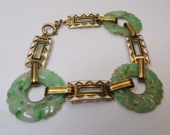 14k Gold & Carved Jade, 8" Bracelet, Enameled, 21 grams, Natural Jadeite Jade