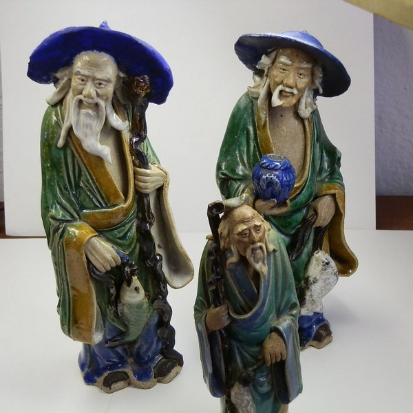 Chinese MudMen. Lot of 3 ceramic figures. Up to 9 inches tall. Early 20th century. Estate pieces.