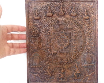 Mandala Plaque, Tibetan Buddhism Copper Repousse, Extremely Detailed. Deep patina. DanPicked