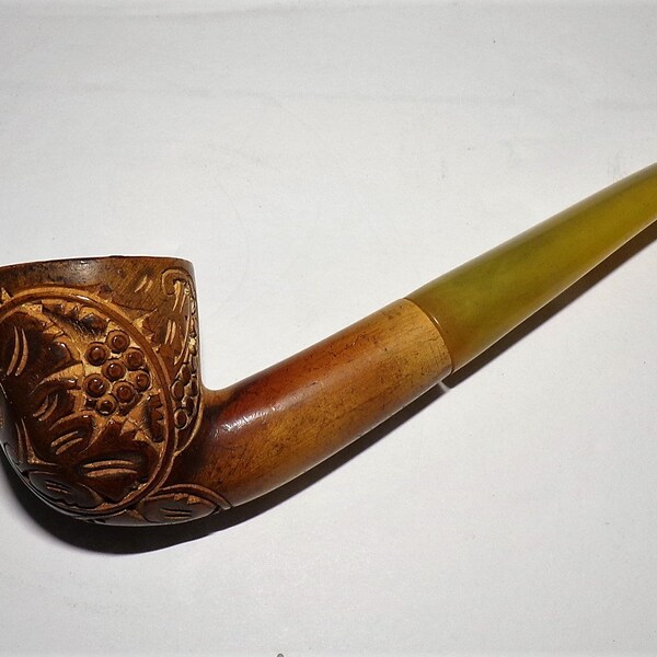 Vintage Tobacco Pipe. Turkish Block Meerschaum. Amber Stem. Seasoned. Grape and Leaf Design. DanPicked.