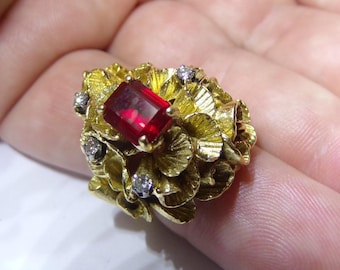 Vintage 18k Gold Ruby Diamond Cocktail Ring, Size 6