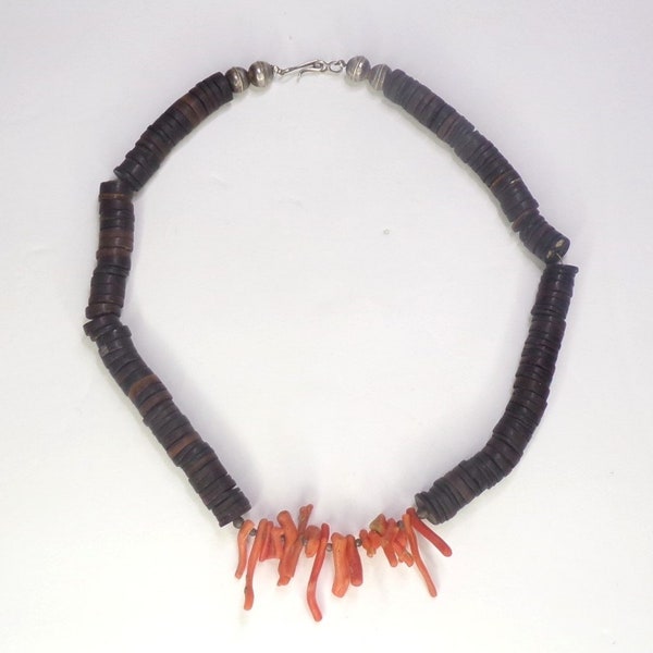 Southwestern Native American Branch Coral, Heishi & Silver Bead Necklace. 16.75"