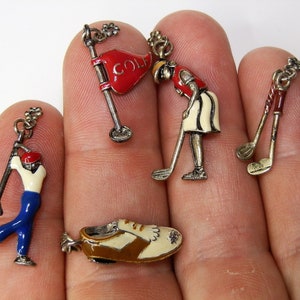 Vintage Enamel Golf Charms: Silver Tone Set of 5