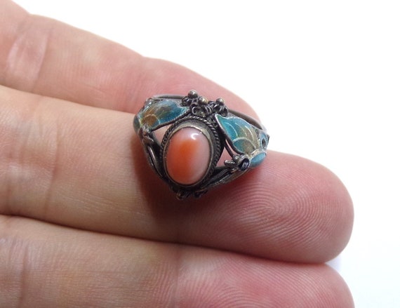 Vintage Sterling Silver Coral, Enamel Chinese Rin… - image 5