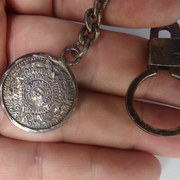 Vintage Sterling Silver Mayan Calendar Keychain Ring, Calendar Jewelry, Key Chain, Aztec