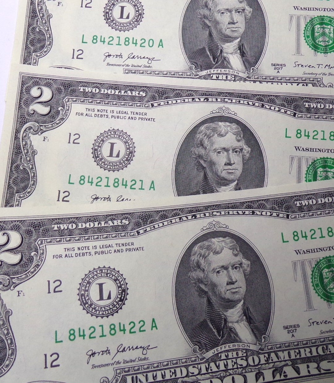 Three US 2 Dollar Bill Notes, in a Row Serial Numbers, One 4