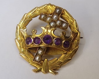 Antique, 15k Gold, Seed Pearl & Purple Amethyst Pendant Brooch Combo. Holy Cross and Crown, 1.2". Hallmarked. OEC gems