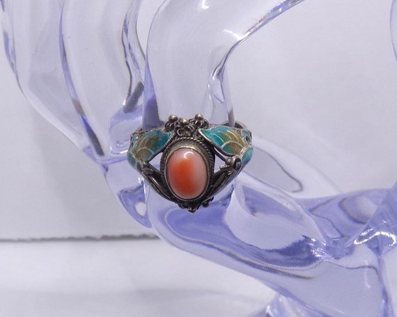 Vintage Sterling Silver Coral, Enamel Chinese Rin… - image 4