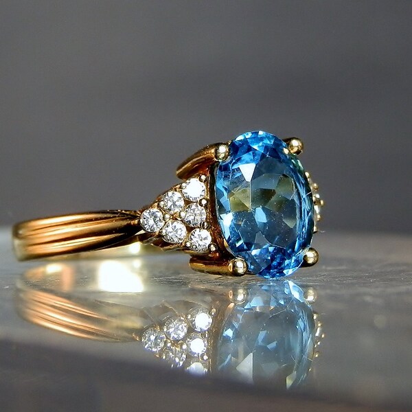 ON HOLD... Vintage Ring Mayors 14k Yellow Gold Ring Blue Topaz and Fine Bright Diamonds Size 8.5 Marked Mayors 14k 585 DanPickedMinerals