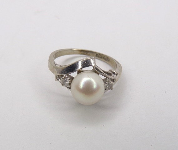 Vintage Pearl and CZ, 10k White Gold Ring. Size 3… - image 1