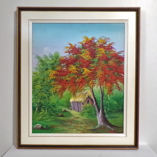 Oil Painting on Burlap. Dominican or Haitian Artwork. Flamboyant Tree. 20 x 24, Signed, Dated and Framed. DanPicked.