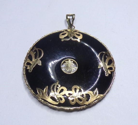 40mm, 14k Gold & Onyx Bi / Pi Disc Pendant for a Necklace. Butterfly designs.