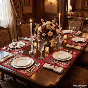 May include: A dining table set for a formal meal. White plates, silverware, water glasses, and red placemats are arranged on the table. A floral centerpiece and lit candles create a warm atmosphere. The table is made of wood.