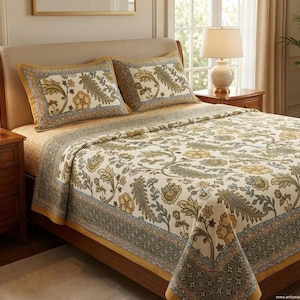 Peut inclure: Un lit avec une couverture à motifs floraux crème et des taies d'oreiller assorties. Le motif comprend des accents vert olive, dorés et bleus. Le lit est en bois et possède deux tables de chevet assorties avec des lampes.