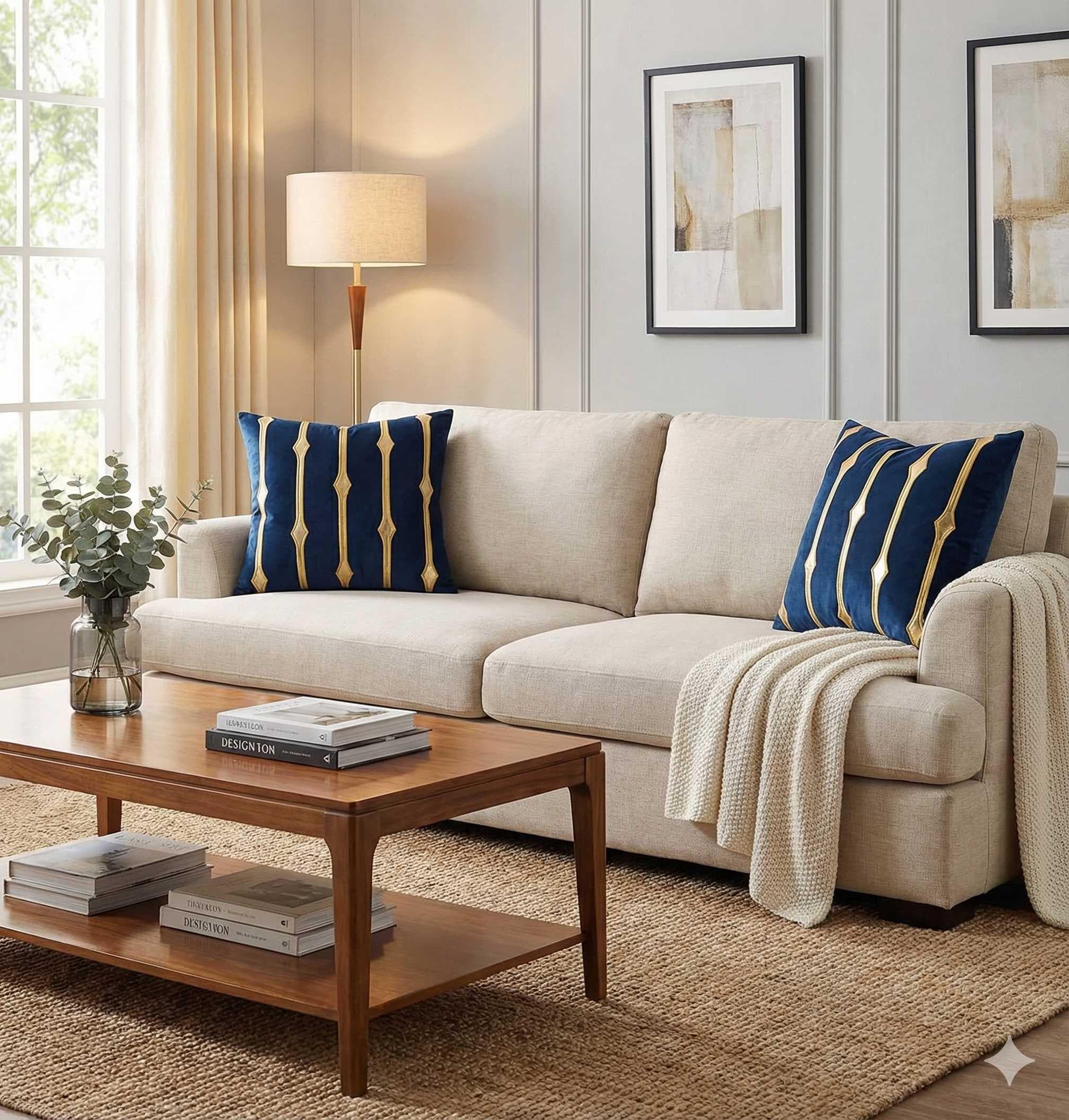 Midnight Diamond Line: Navy Blue Velvet & Gold Stripe Cushion