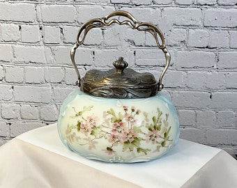 Collectors Vintage Biscuit Jar Porcelain Silver Plated Lid Victorian Era Cherry Blossoms Leafs Cherubs Rare