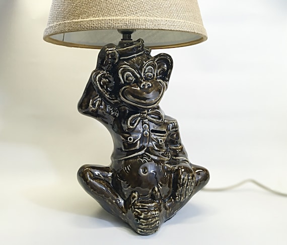 Vintage Ceramic Monkey Lamp Bank With Shade by C. Miller Bellhop