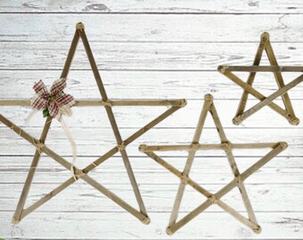 Wood Faux Tobacco Stick Stars Set Of 3 Rustic Farmhouse Decor Primitive Wall Hanging