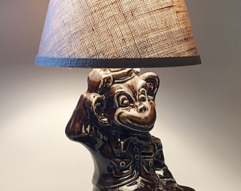 Vintage Ceramic Monkey Lamp Bank With Shade By C. Miller Bellhop Carnival Monkey