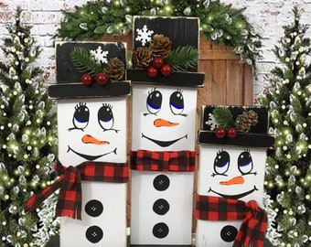 Wood Snowman Family Christmas Decor 3D Winter