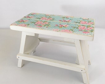 Child Wood Step Stool Floral Decoupaged Distressed Farmhouse Decor Child Step Stool