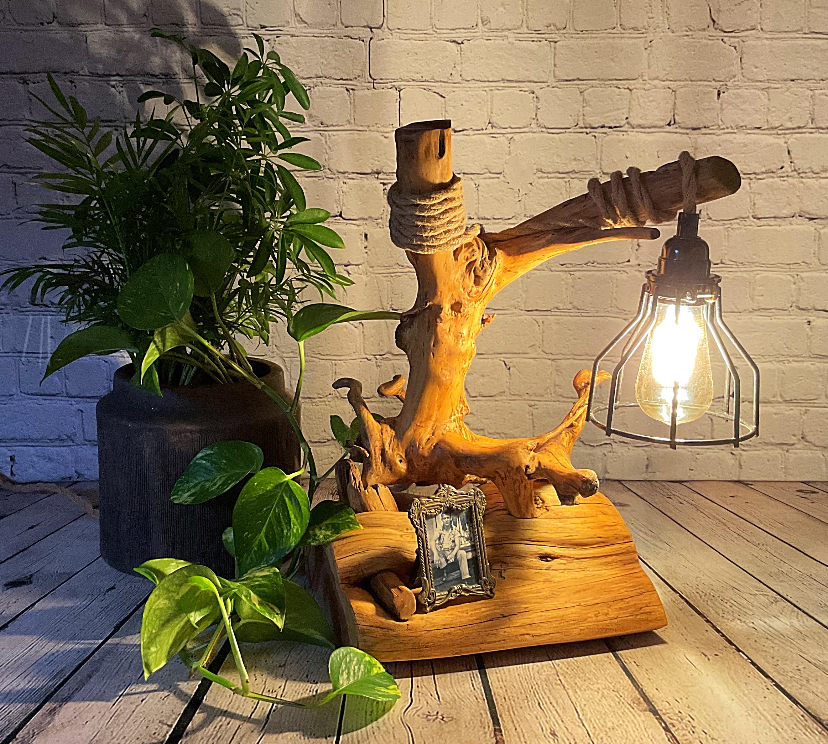 Driftwood Table Lamp Rustic Cedar Light Nautical Rope Cord