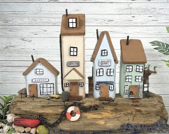 Miniature Block House Driftwood Seaside Fisherman’s Wharf House Scene