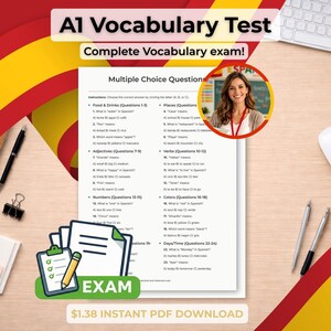Puede incluir: Hoja de examen de prueba de vocabulario A1 con preguntas de opción múltiple. La prueba incluye secciones sobre comida, lugares, adjetivos, verbos, números, colores y días. La imagen también presenta una portapapeles con un lápiz, un ratón de ordenador y un teclado.